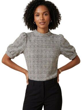 Ann Taylor Stunning Neutral Subtle Gold Thread Tweed Puff Sleeve Top Size XXSp
